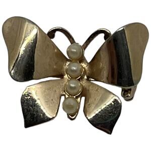 Vintage Butterfly Brooch Gold Tone Faux Pearl Body 1960s Small Pin Modernist